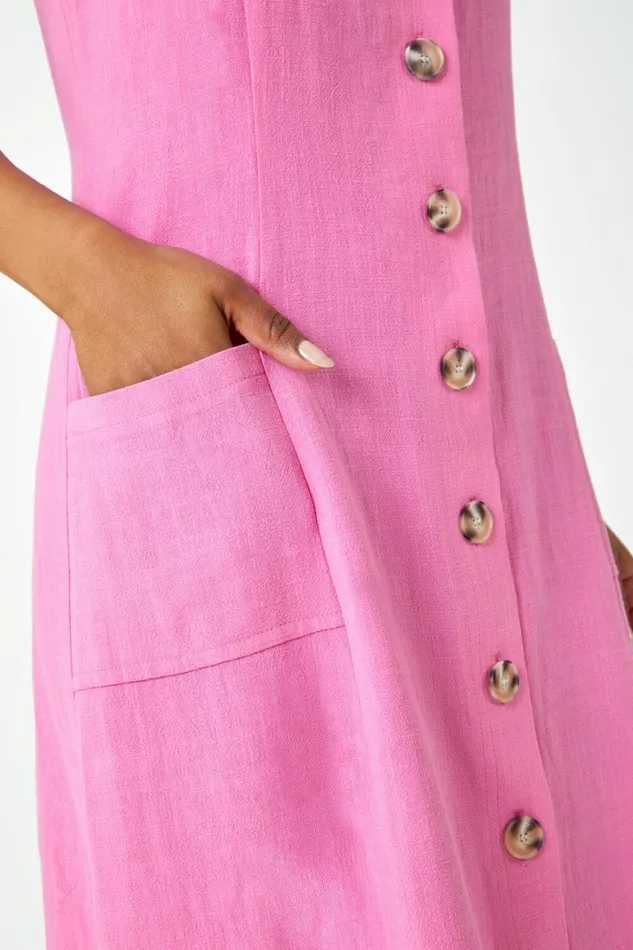 Women Pink Petite Button Front Pocket Dress Roman Dresses