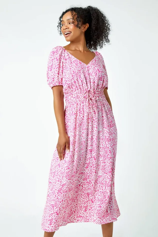 Women Pink Petite Ditsy Floral Stretch Midi Dress Roman Dresses
