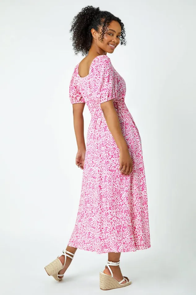 Women Pink Petite Ditsy Floral Stretch Midi Dress Roman Dresses
