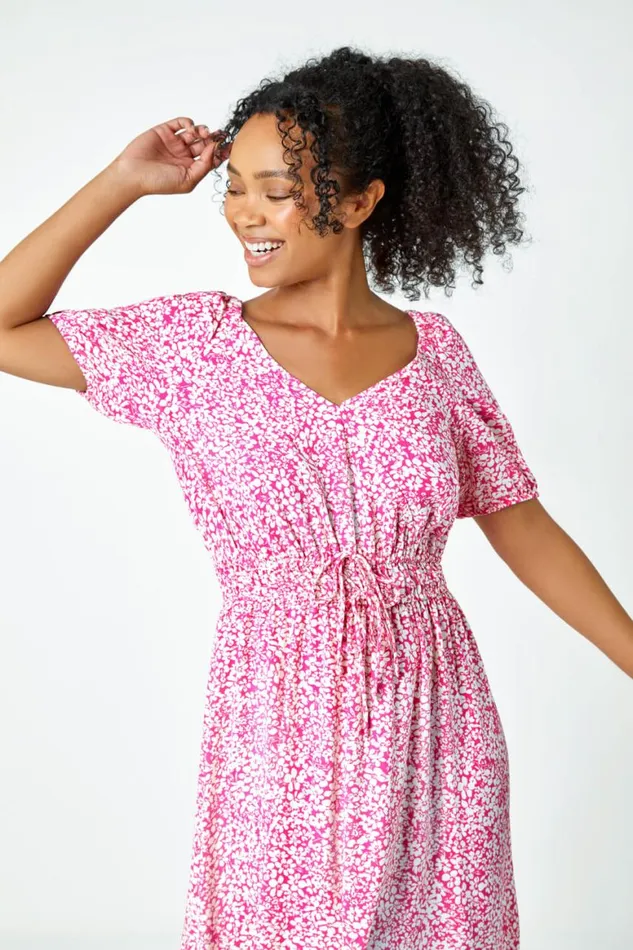 Women Pink Petite Ditsy Floral Stretch Midi Dress Roman Dresses