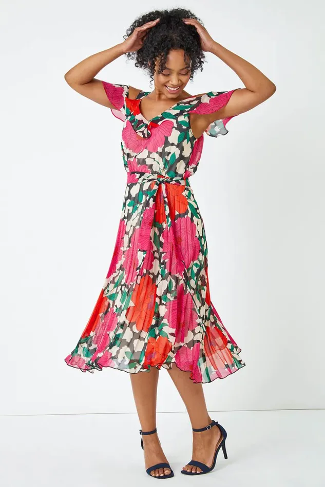 Women Pink Petite Floral Cold Shoulder Chiffon Midi Dress Roman Dresses