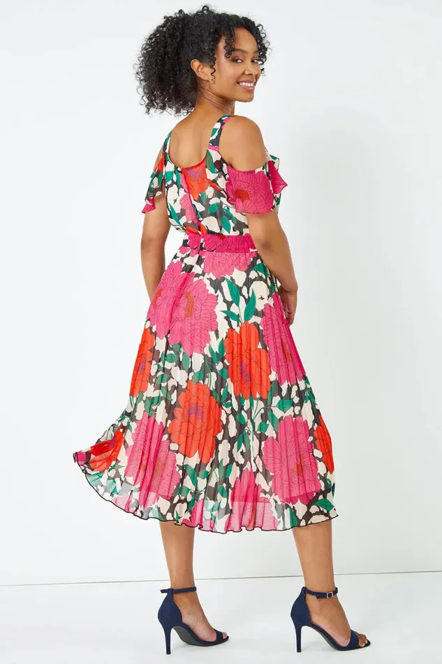 Women Pink Petite Floral Cold Shoulder Chiffon Midi Dress Roman Dresses