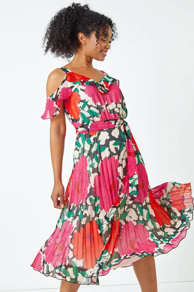 Women Pink Petite Floral Cold Shoulder Chiffon Midi Dress Roman Dresses