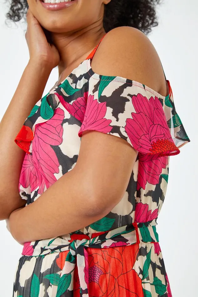 Women Pink Petite Floral Cold Shoulder Chiffon Midi Dress Roman Dresses