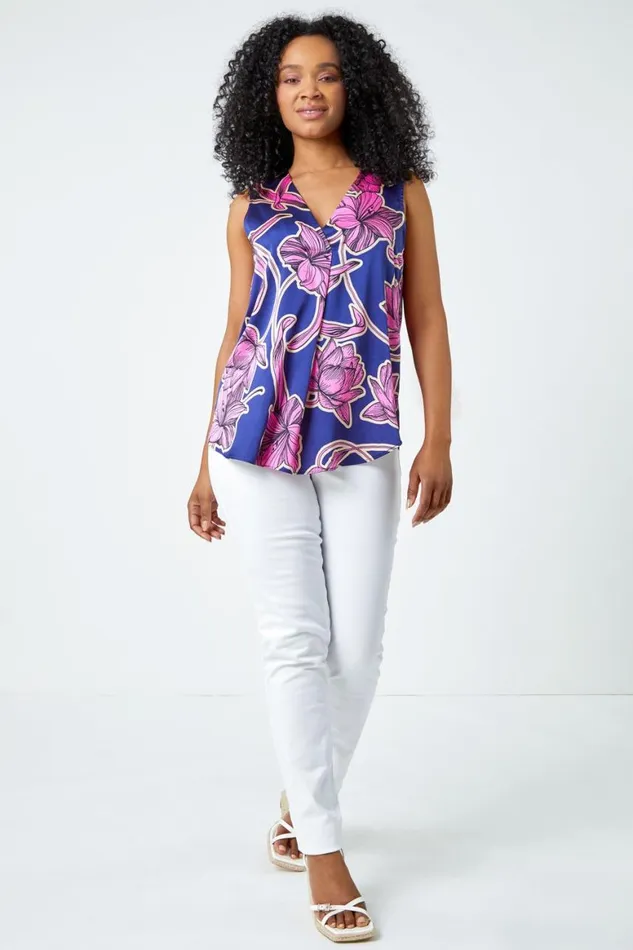 Women Pink Petite Floral Print VNeck Satin Top Roman Tops