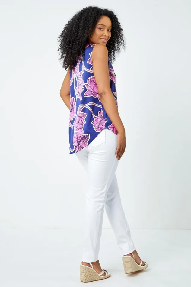 Women Pink Petite Floral Print VNeck Satin Top Roman Tops