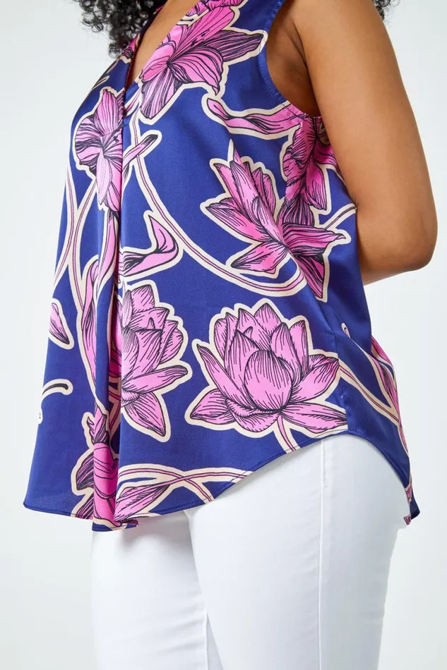 Women Pink Petite Floral Print VNeck Satin Top Roman Tops