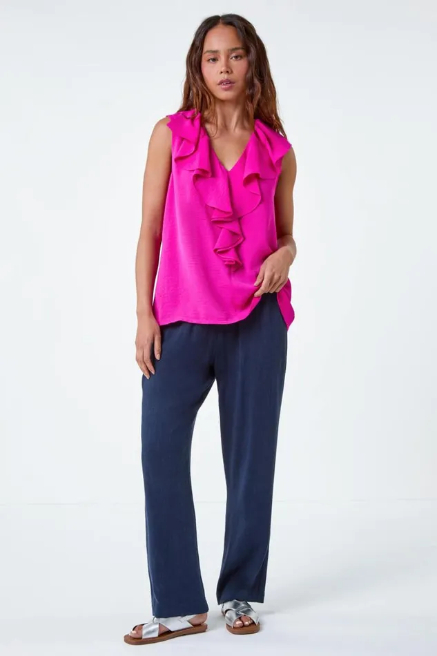 Women Pink Petite Frill Front Vest Top Roman Tops