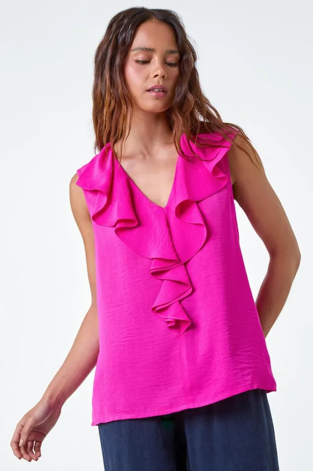 Women Pink Petite Frill Front Vest Top Roman Tops