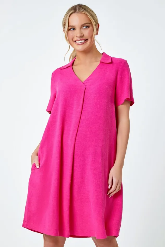 Women Pink Petite Linen Blend Pocket Tunic Dress Roman Dresses