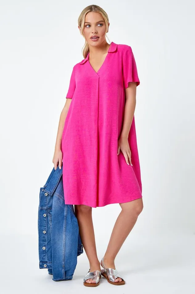 Women Pink Petite Linen Blend Pocket Tunic Dress Roman Dresses