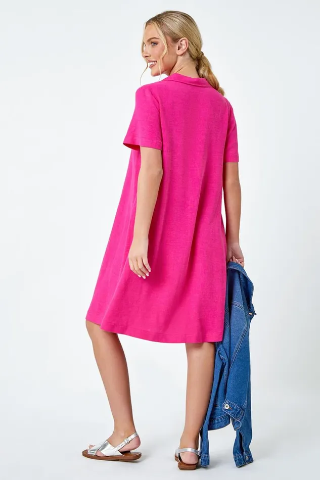 Women Pink Petite Linen Blend Pocket Tunic Dress Roman Dresses