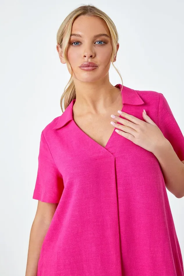 Women Pink Petite Linen Blend Pocket Tunic Dress Roman Dresses