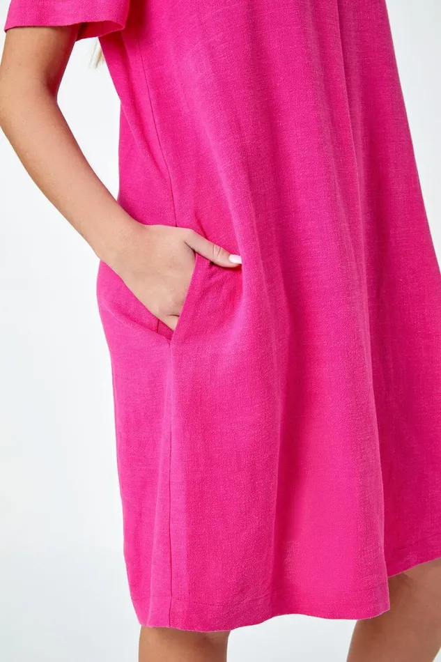 Women Pink Petite Linen Blend Pocket Tunic Dress Roman Dresses