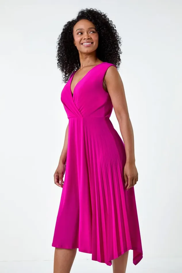 Women Pink Petite Pleat Detail Stretch Wrap Dress Roman Dresses