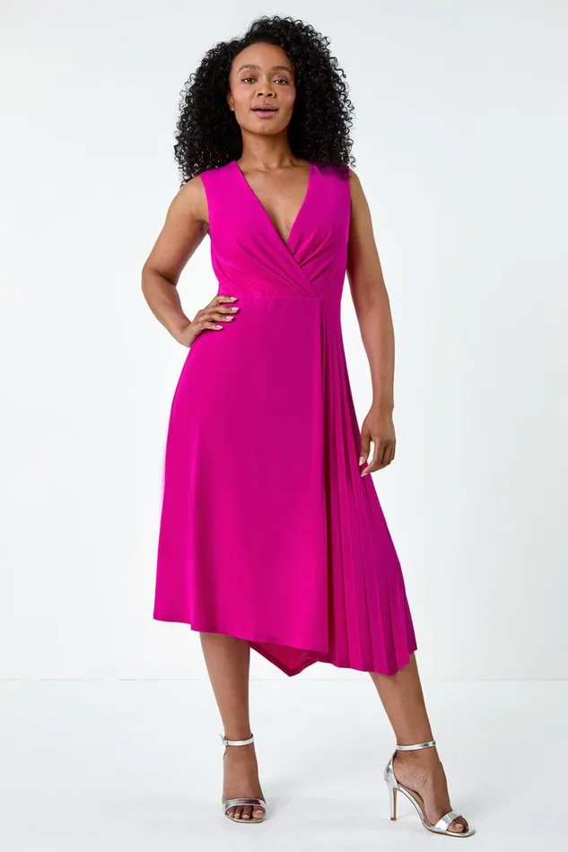 Women Pink Petite Pleat Detail Stretch Wrap Dress Roman Dresses