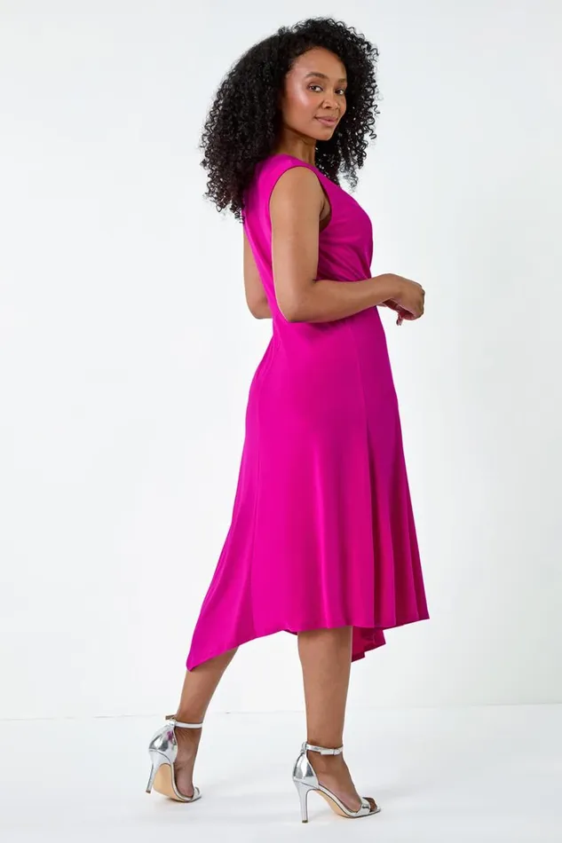 Women Pink Petite Pleat Detail Stretch Wrap Dress Roman Dresses
