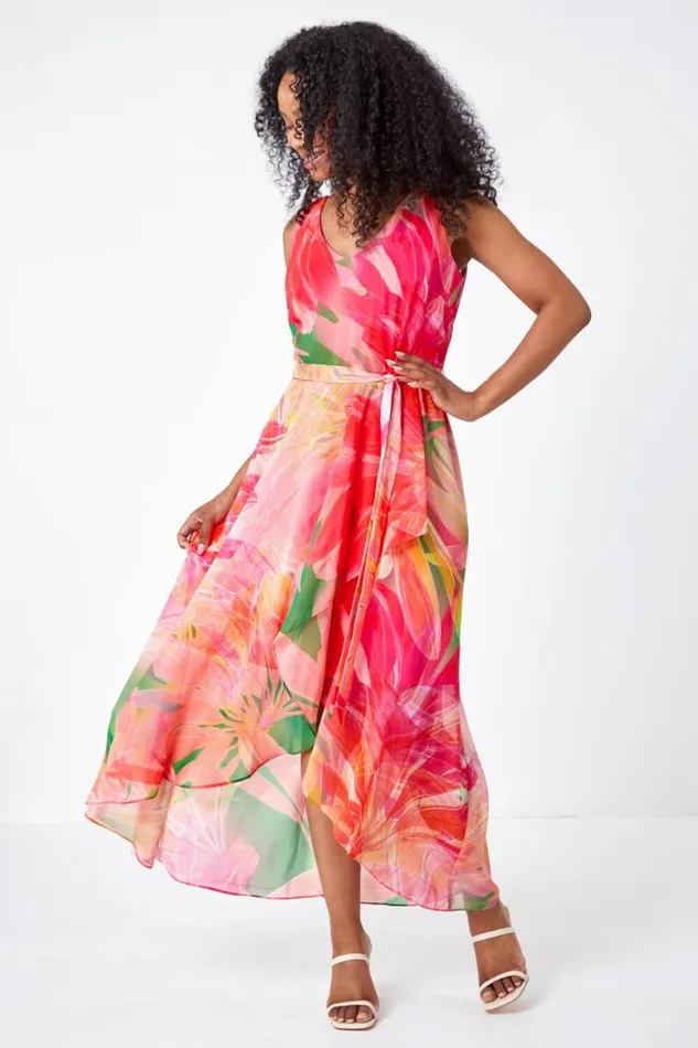 Women Pink Petite Sleeveless Floral Chiffon Maxi Dress Roman Dresses