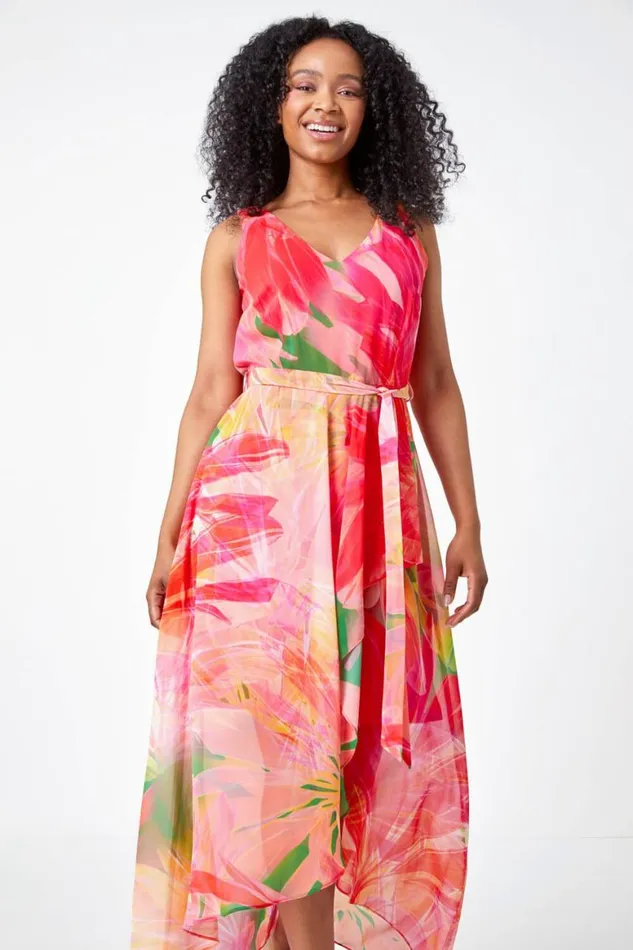 Women Pink Petite Sleeveless Floral Chiffon Maxi Dress Roman Dresses
