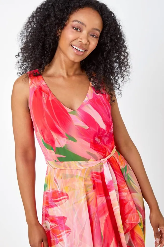 Women Pink Petite Sleeveless Floral Chiffon Maxi Dress Roman Dresses