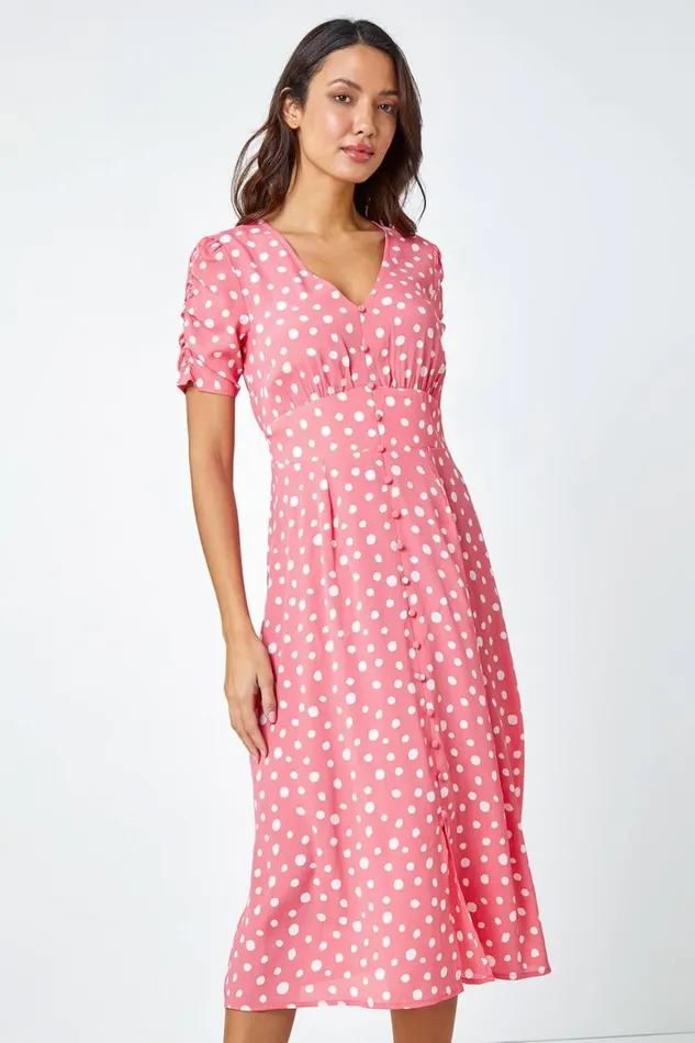 Women Pink Polka Dot Ruched Sleeve Midi Dress Roman Dresses