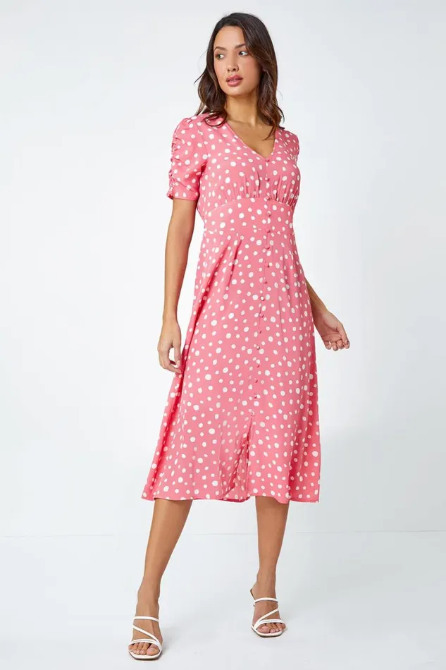 Women Pink Polka Dot Ruched Sleeve Midi Dress Roman Dresses