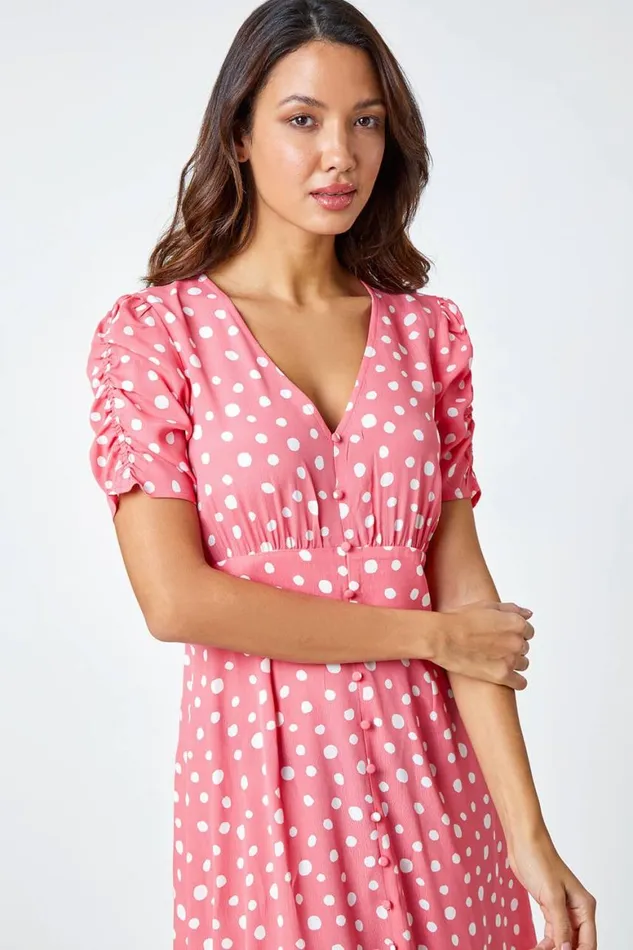 Women Pink Polka Dot Ruched Sleeve Midi Dress Roman Dresses