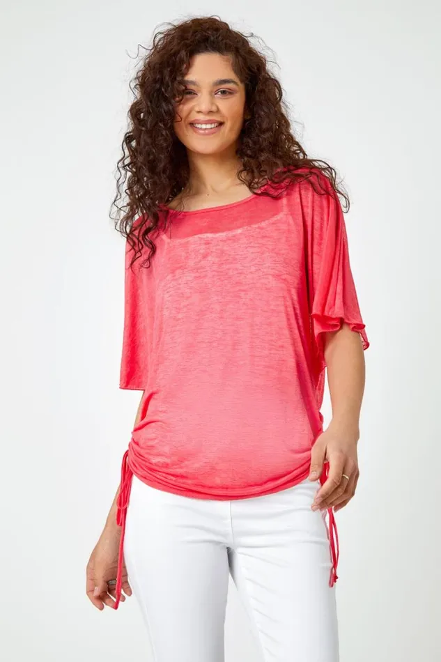 Women Pink Ruched Batwing Mesh Top Roman Tops