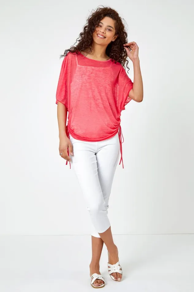 Women Pink Ruched Batwing Mesh Top Roman Tops