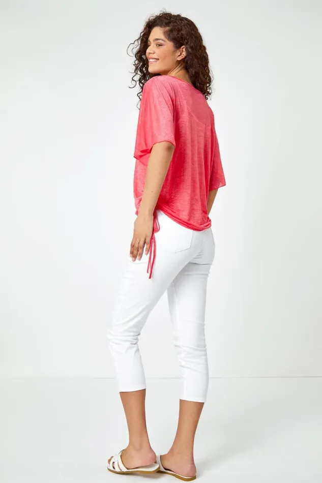 Women Pink Ruched Batwing Mesh Top Roman Tops
