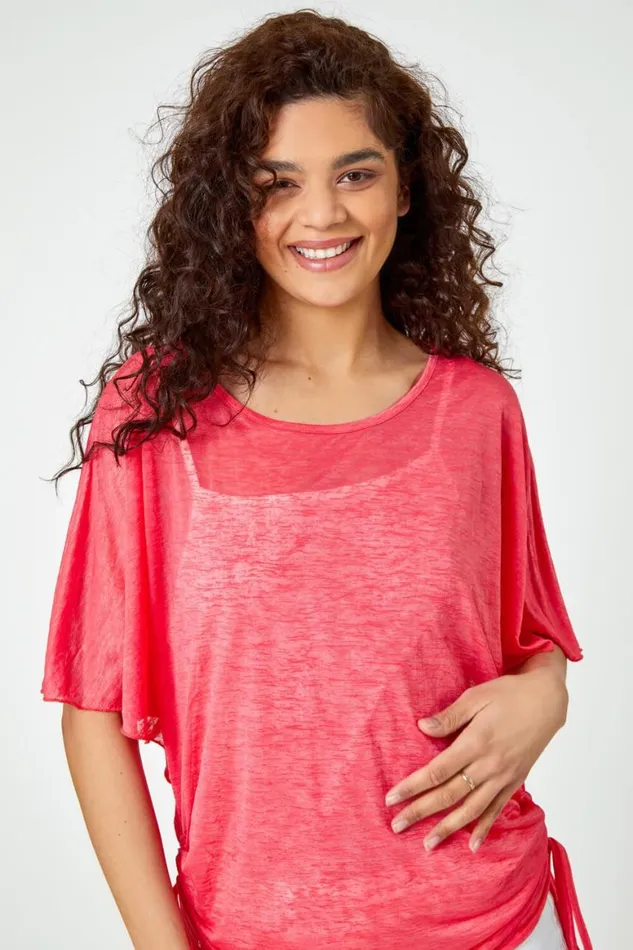 Women Pink Ruched Batwing Mesh Top Roman Tops