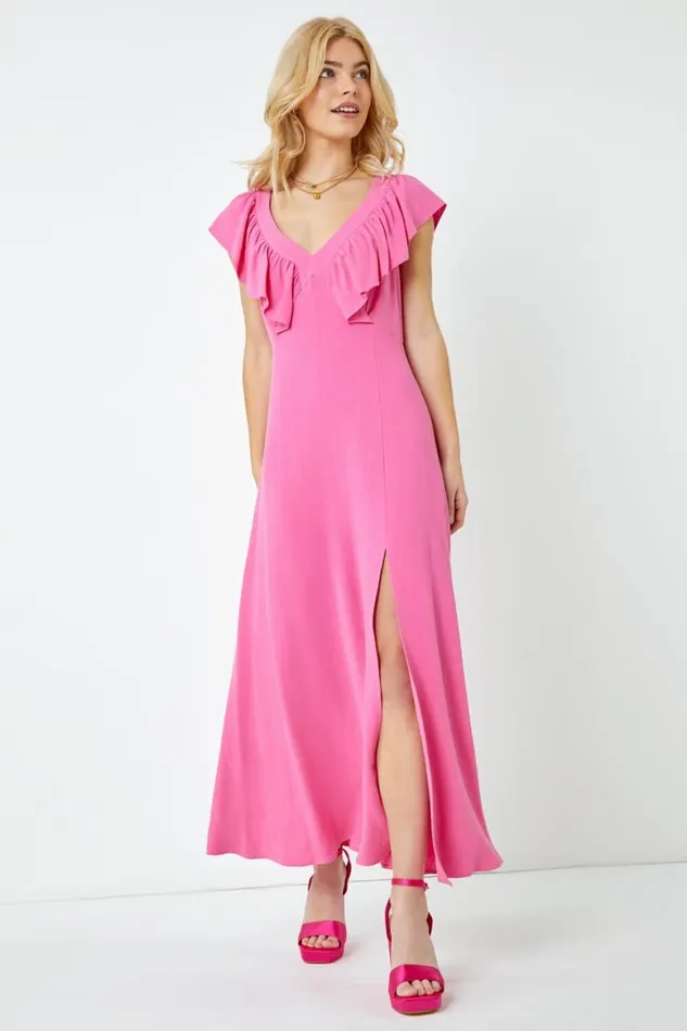 Women Pink Ruffle Detail Midi Dress Roman Dresses