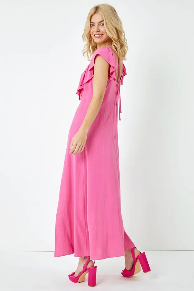 Women Pink Ruffle Detail Midi Dress Roman Dresses