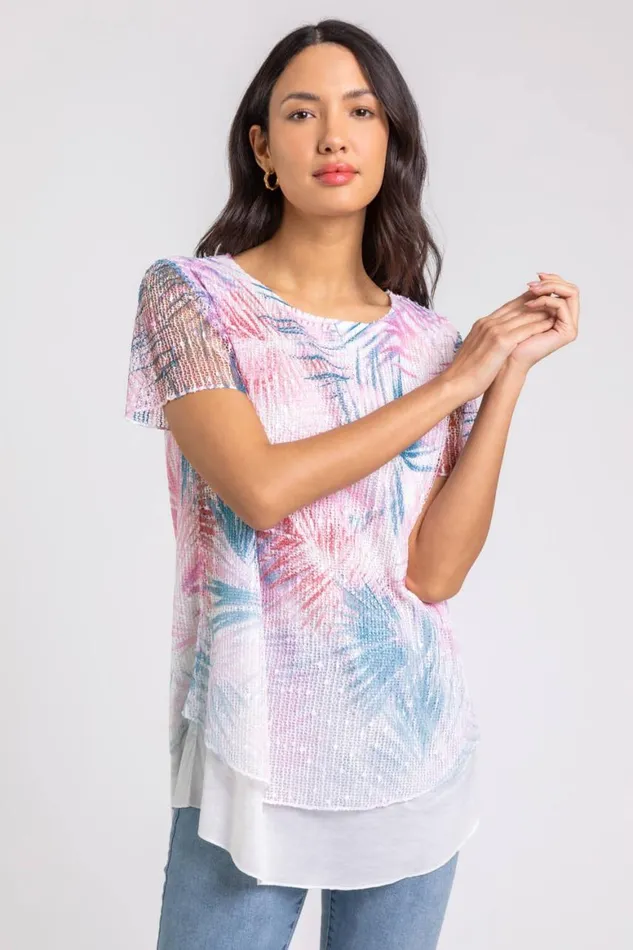 Women Pink Sequin Mesh Stretch Leaf Print Tunic Top Roman Tops