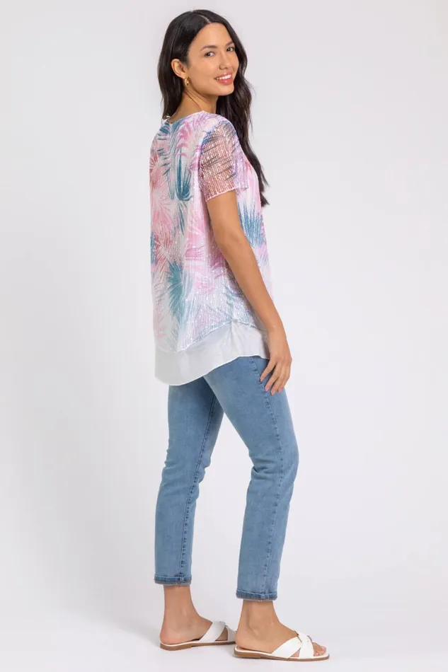 Women Pink Sequin Mesh Stretch Leaf Print Tunic Top Roman Tops