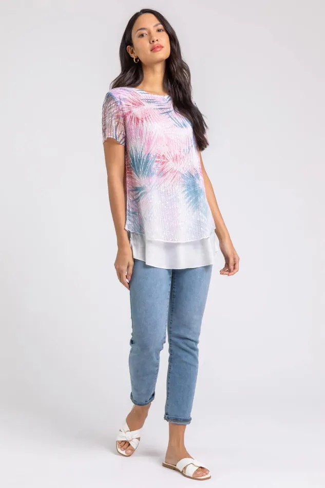 Women Pink Sequin Mesh Stretch Leaf Print Tunic Top Roman Tops