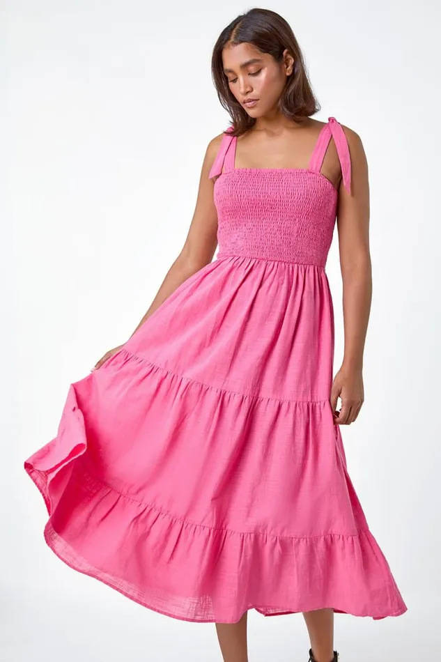 Women Pink Shirred Tie Cotton Tiered Midi Dress Roman Dresses