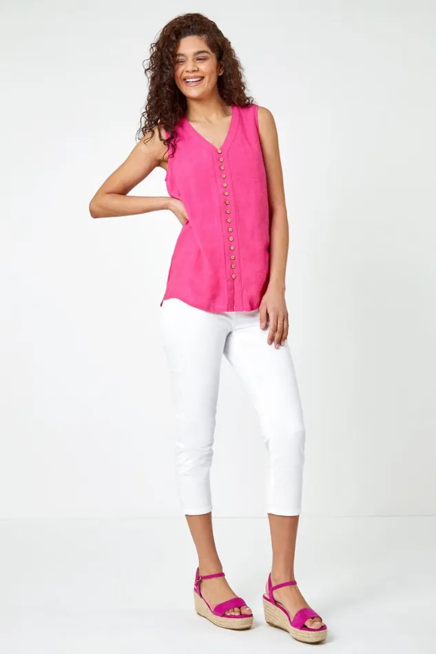 Women Pink Sleeveless Button Detail Vest Roman Tops
