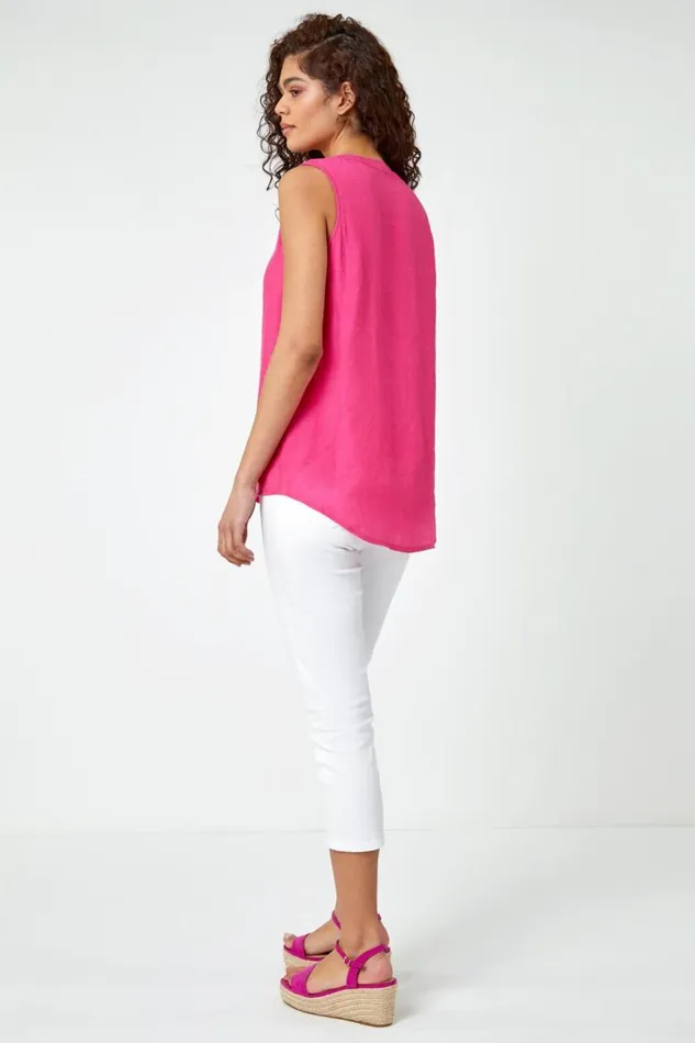 Women Pink Sleeveless Button Detail Vest Roman Tops