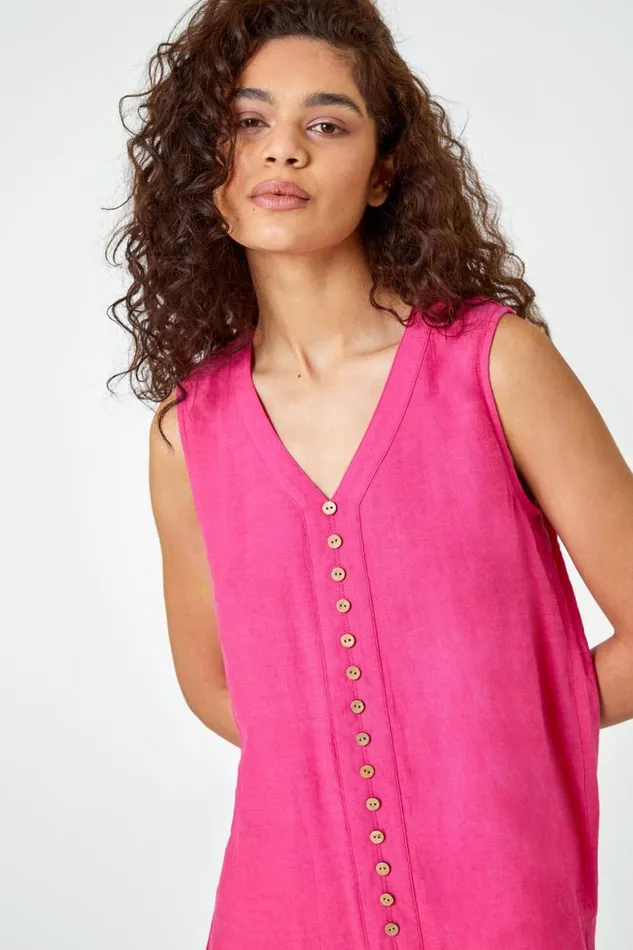 Women Pink Sleeveless Button Detail Vest Roman Tops