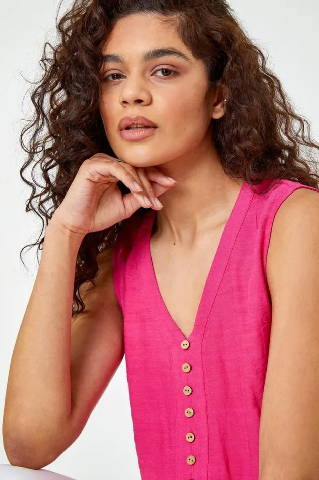 Women Pink Sleeveless Button Detail Vest Roman Tops