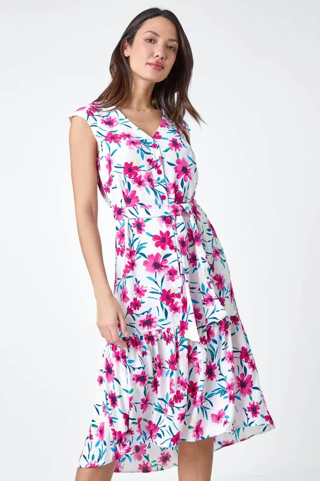 Women Pink Sleeveless Floral Frill Hem Midi Dress Roman Dresses