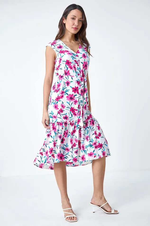 Women Pink Sleeveless Floral Frill Hem Midi Dress Roman Dresses