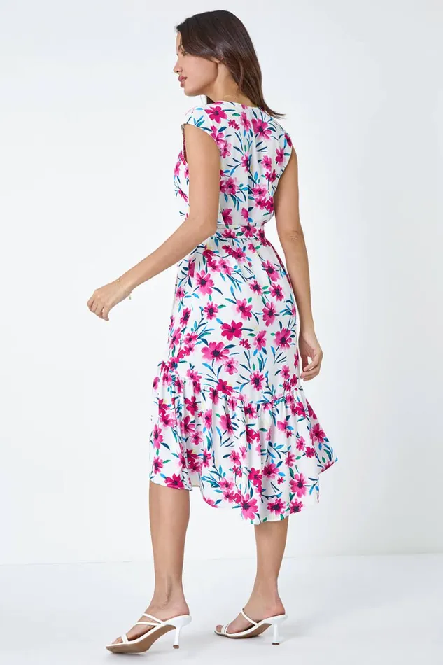 Women Pink Sleeveless Floral Frill Hem Midi Dress Roman Dresses