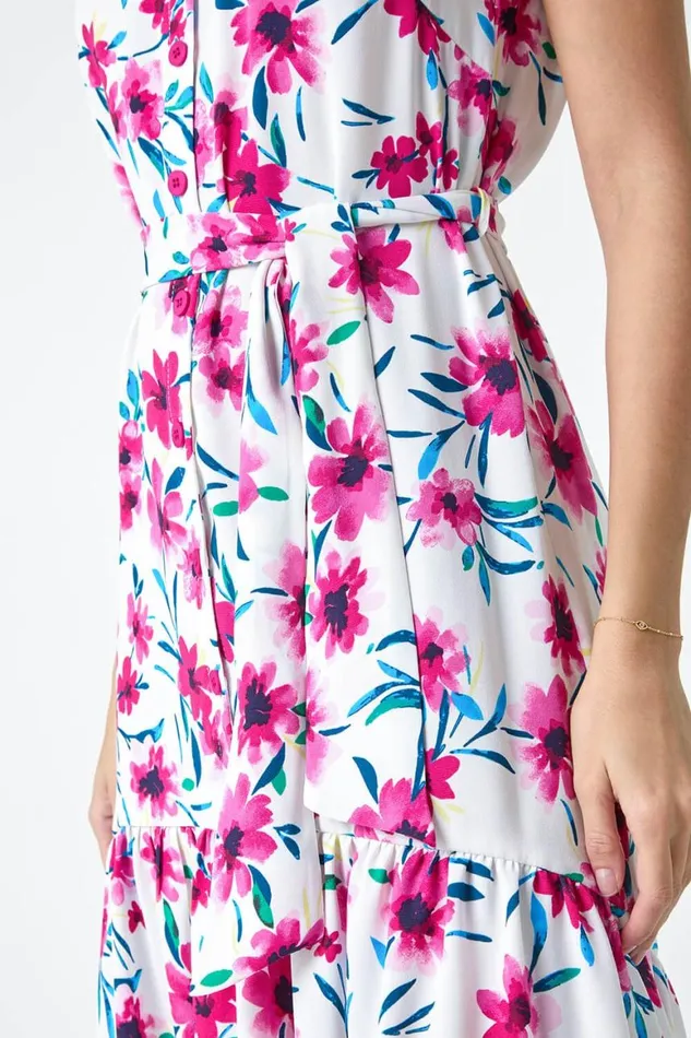 Women Pink Sleeveless Floral Frill Hem Midi Dress Roman Dresses
