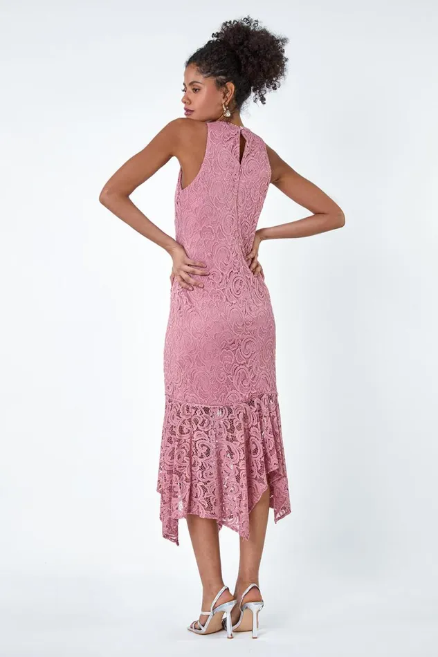Women Pink Sleeveless Stretch Lace Midi Dress Roman Dresses