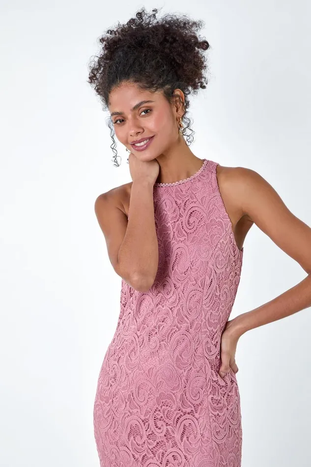 Women Pink Sleeveless Stretch Lace Midi Dress Roman Dresses