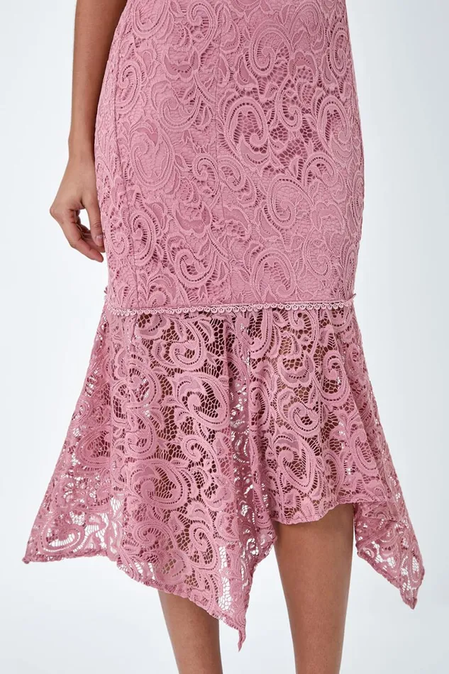 Women Pink Sleeveless Stretch Lace Midi Dress Roman Dresses