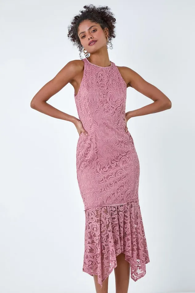 Women Pink Sleeveless Stretch Lace Midi Dress Roman Dresses