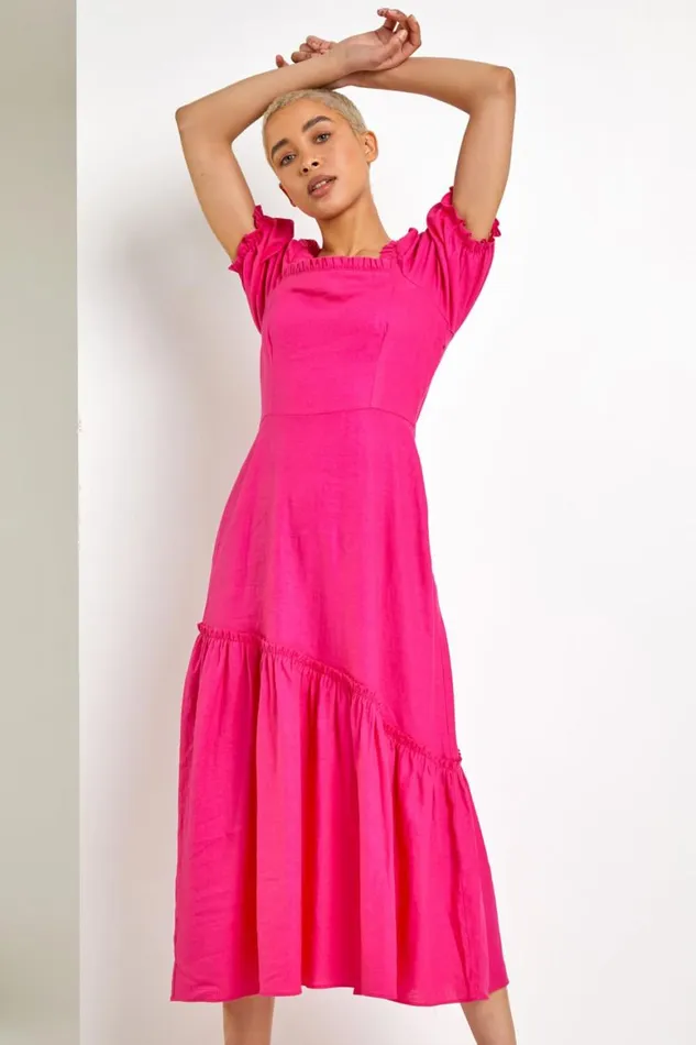 Women Pink Square Neck Asymmetric Tiered Midi Dress Roman Dresses